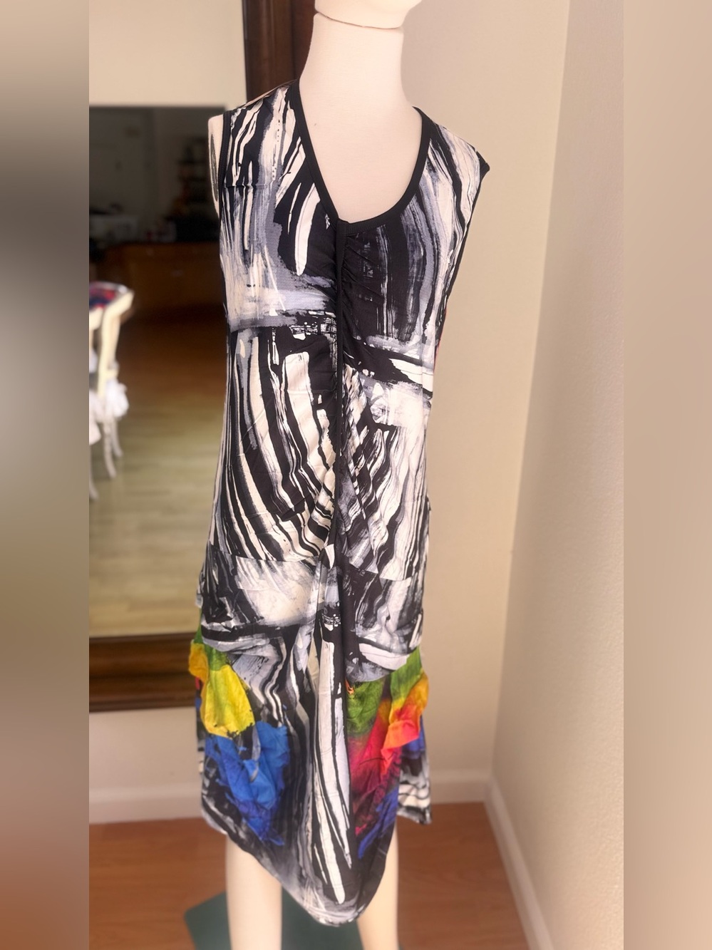 Aimee Leon Dore Black and White Striped Dress with Multicolor Trim